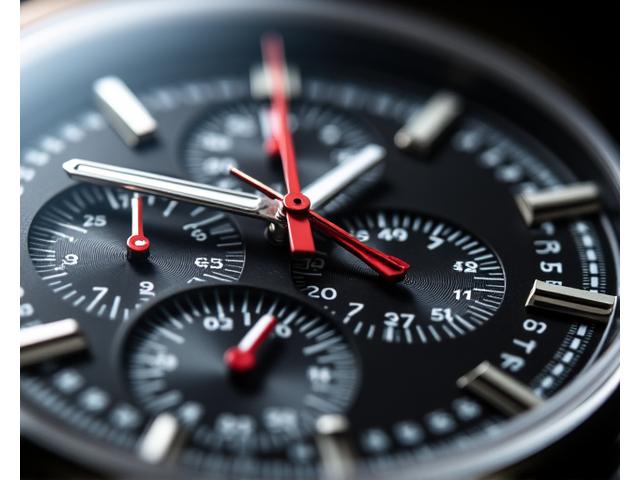 Complex chronograph watch face with multiple subdials, showcasing precise timing mechanisms.