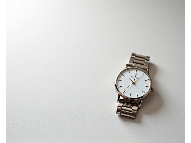 Sleek, minimalist dress watch with a clean white dial and thin case, exuding elegance.