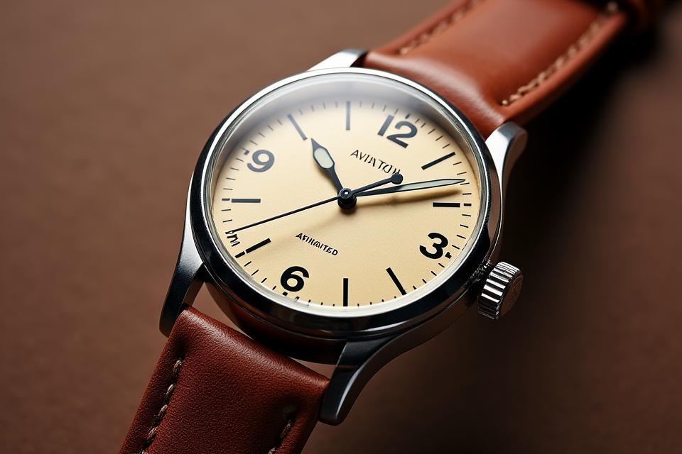 Elegant aviator watch with a brown leather strap and clear, legible dial.