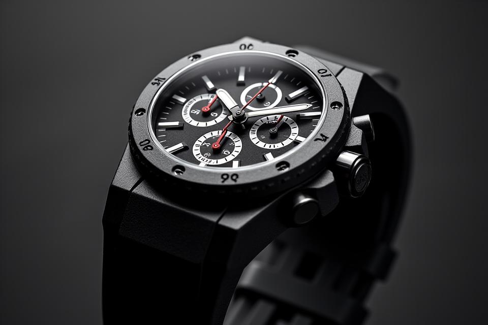 Modern black chronograph watch with contrasting subdials and a sturdy black rubber strap.