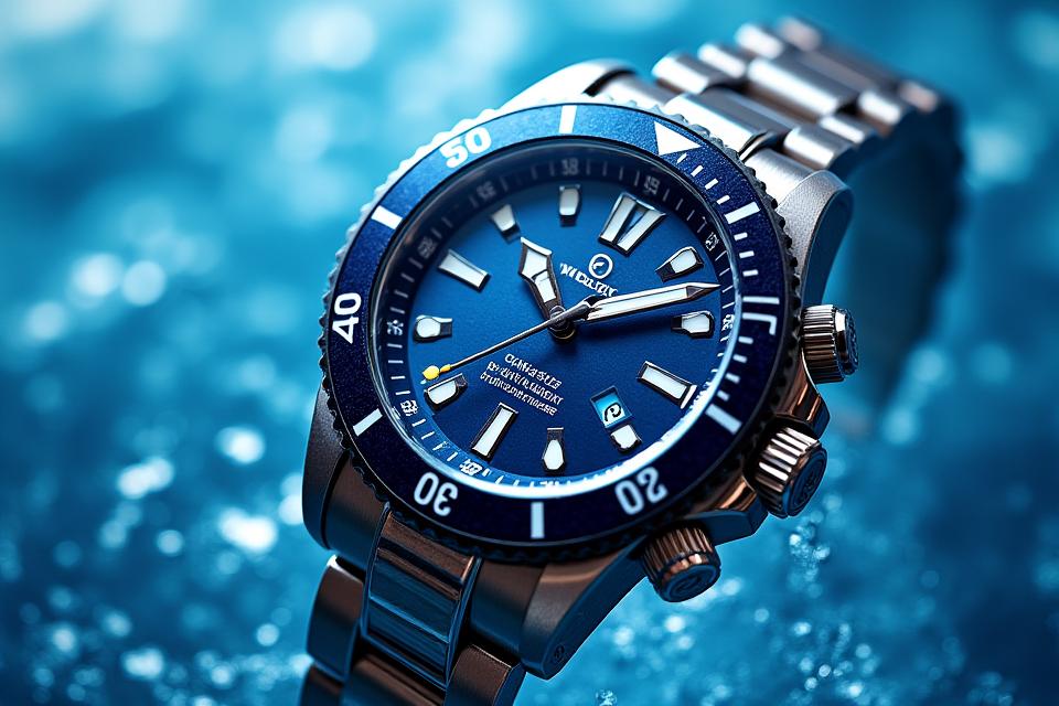 Sporty blue dial dive watch with luminescent hands and a rugged stainless steel bracelet.